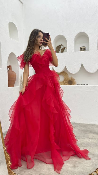 Kırmızı Volanlı İp Askılı Şifon Abiye Elbise