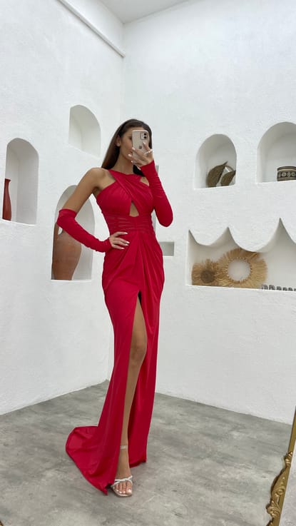 Kırmızı Çapraz Askı Transparan Detay Saten Abiye Elbise