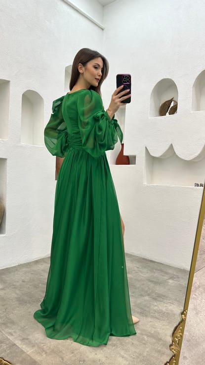 Yeşil Beli İşlemeli Drapeli Şifon Abiye Elbise