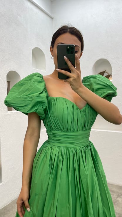 Yeşil Balon Kol Kalp Yaka Elbise