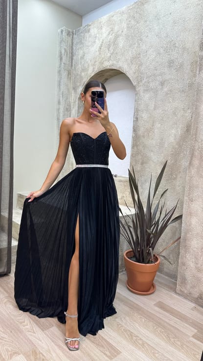 Siyah Straplez Transparan Detay Abiye Elbise