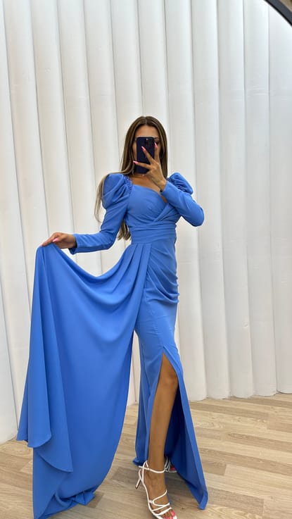 Mavi Omuzu İşlemeli Drapeli Abiye Elbise