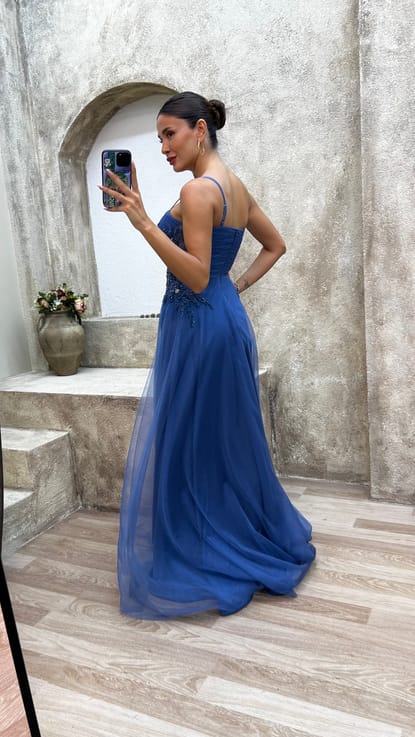 Mavi İp Askılı Transparan Detay Tül Abiye Elbise