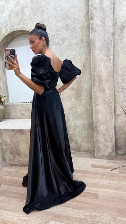 Siyah Balon Kol Abiye Elbise