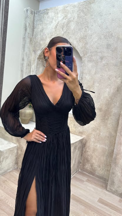 Siyah Balon Kol Transparan Detay Bürümcük Kumaş Tasarım Abiye Elbise