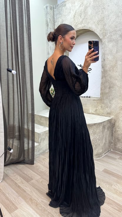 Siyah Balon Kol Transparan Detay Bürümcük Kumaş Tasarım Abiye Elbise