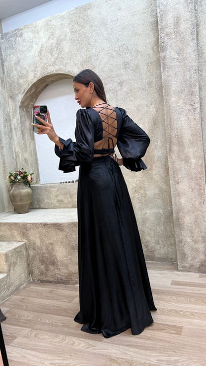 Siyah Balon Kol Sırtı İp Detay Abiye Elbise