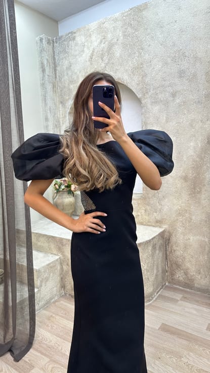 Siyah Balon Kol Bel Detay İşlemeli Abiye Elbise