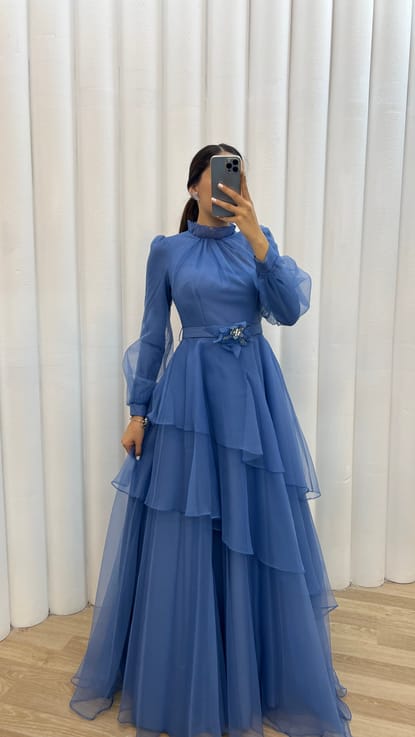 Mavi Balon Kol Volan Detay Kemerli Tasarım Tül Elbise