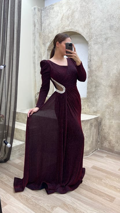 Bordo V Yaka Bel Detay Taş İşlemeli Tasarım Büyük Beden Abiye Elbise