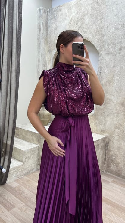 Bordo Göğsü Payet Plise Detay Tasarım Abiye Elbise