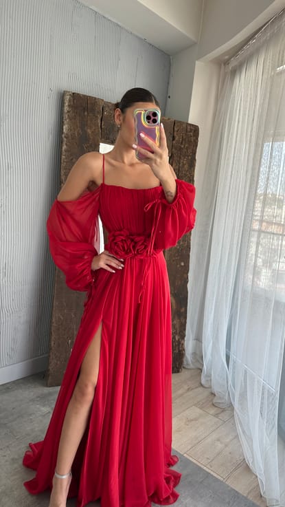 Kırmızı İp Askılı Balon Bel Detay Tasarım Şifon Elbise