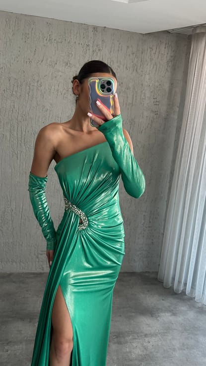 Mint Yeşili Bel Detay Taş işlemeli Tasarım Saten Abiye Elbise