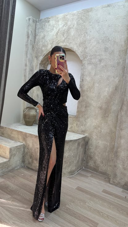 Siyah Bel Detay Tasarım Pul Payet Abiye Elbise