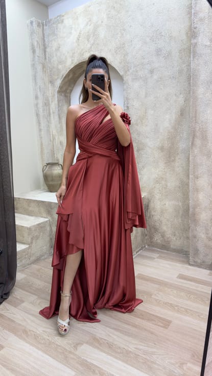Kiremit Balon Kol Pliseli Bel Detay Tasarım Saten Abiye Elbise
