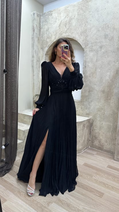 Siyah Balon Balon Kol Pliseli Bel Detay Tasarım Abiye Elbise