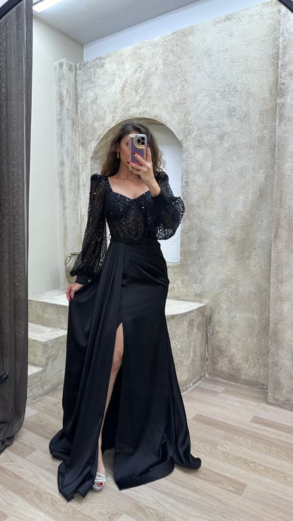 Siyah Balon Kol Transparan Detay İşlemeli Tasarım Abiye Elbise