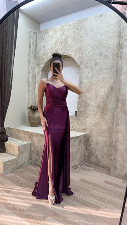 Bordo Straplez Bel Detay Tasarım Saten Abiye Elbise