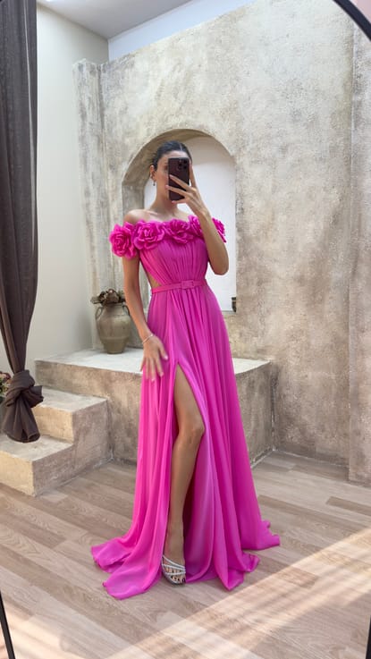 Pembe Straplez Göğsü Gül Bel Detay Tasarım Abiye Elbise