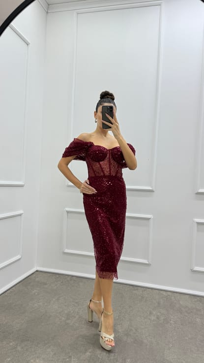 Bordo Transparan Detay Tasarım Pul Payet Elbise