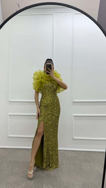 Yeşil Omuzları Tül Detay Tasarımm Payet Abiye Elbise