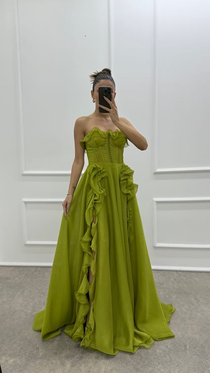 Yeşil Straplez Transparan Volan Detay Tasarım Abiye Elbise