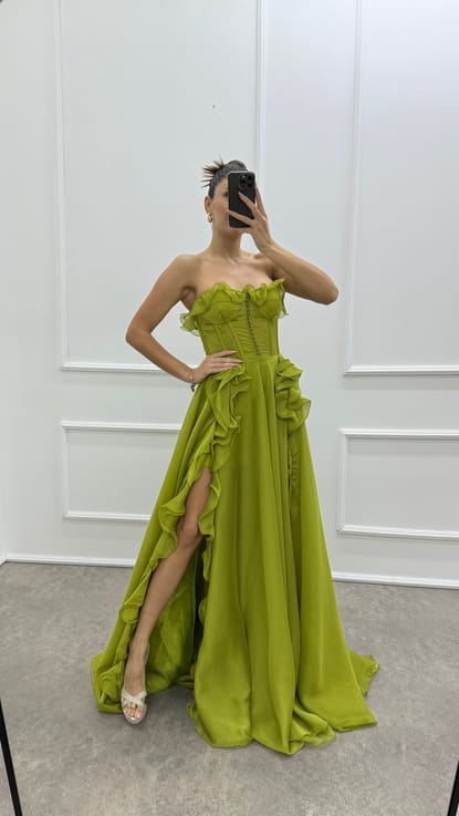 Yeşil Straplez Transparan Volan Detay Tasarım Abiye Elbise