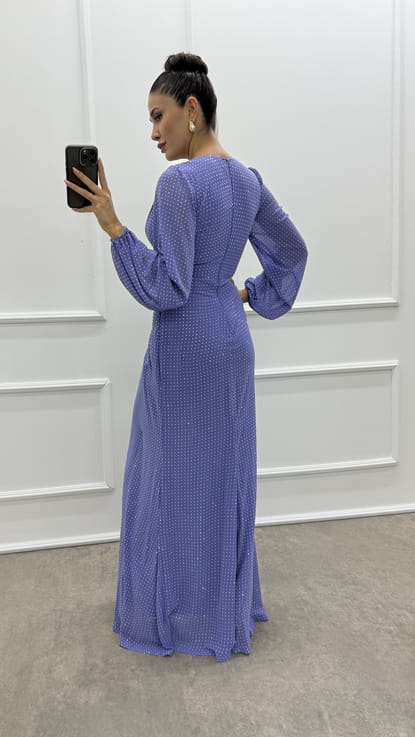 Lila Balon Kol Kruvaze Yaka Puantiye İşlemeli Tasarım Elbise