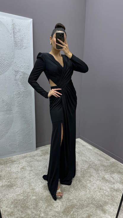 Siyah Bel Detay Puantiye İşlemeli Tasarım Abiye Elbise