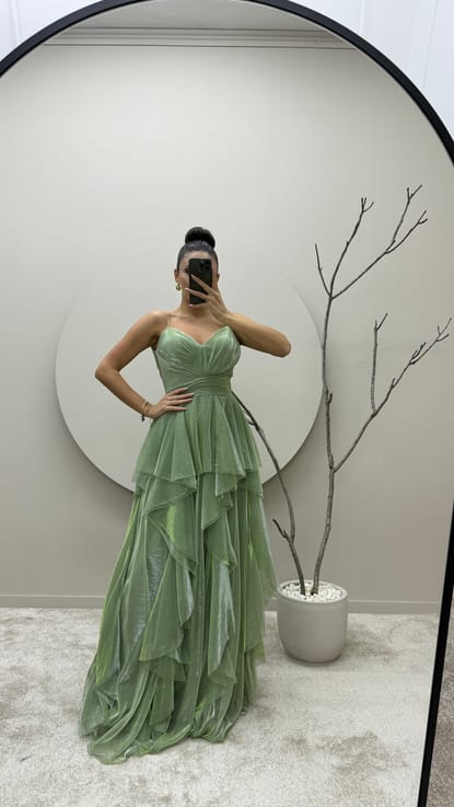 Mint Yeşili İp Askılı Volan Detay Tasarım Elbise