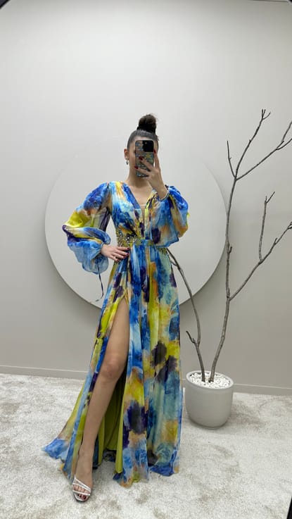 Mavi Balon Kol Beli İşlemeli Tasarım Şifon Abiye Elbise