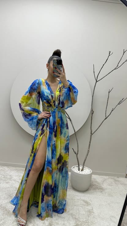 Mavi Balon Kol Beli İşlemeli Tasarım Şifon Abiye Elbise