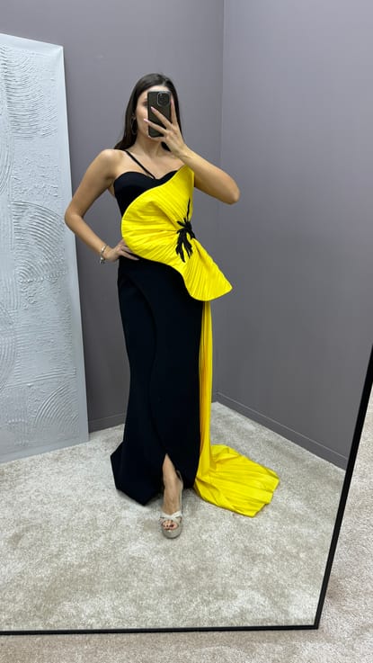 Sarı Straplez Bel Detay Tasarım Abiye Elbise