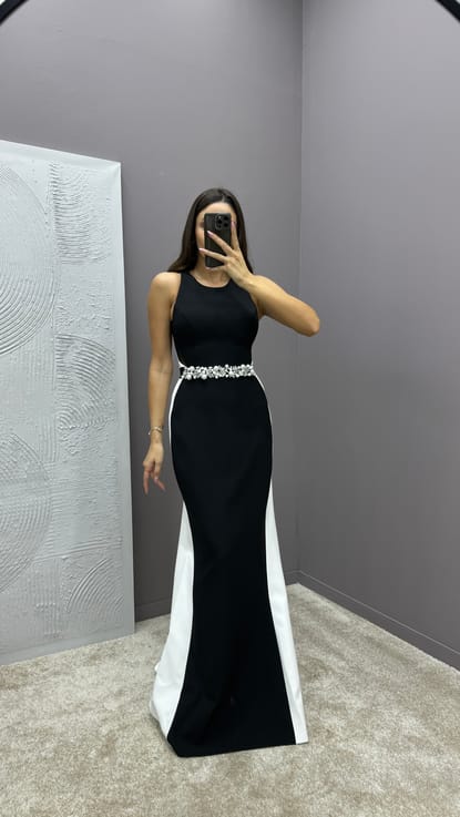 Siyah Beli Taş Detay Tasarım Abiye Elbise