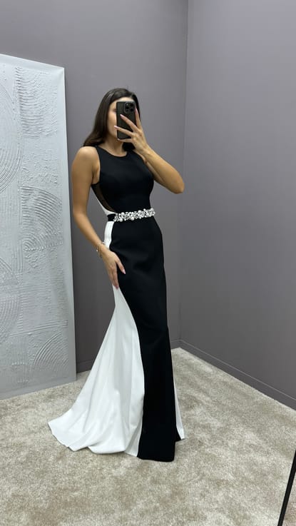 Siyah Beli Taş Detay Tasarım Abiye Elbise