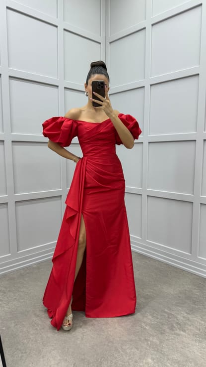 Kırmızı Balon Kol Bel Detay Tasarım Saten Abiye Elbise