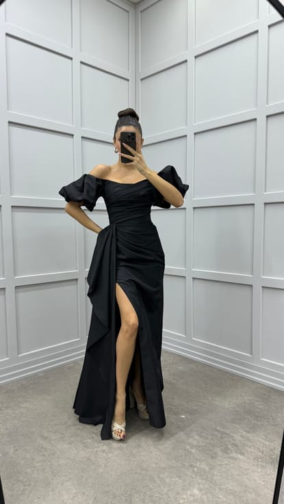 Siyah Balon Kol Bel Detay Tasarım Saten Abiye Elbise