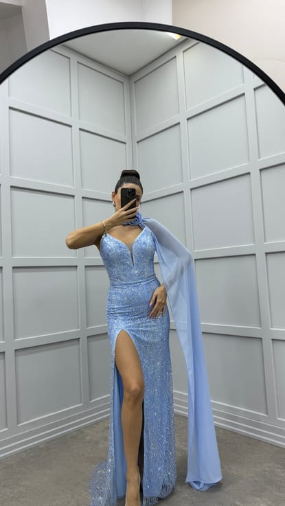 Bebe Mavisi Straplez İşleme Detay Yırtmaçlı Tasarım Abiye Elbise