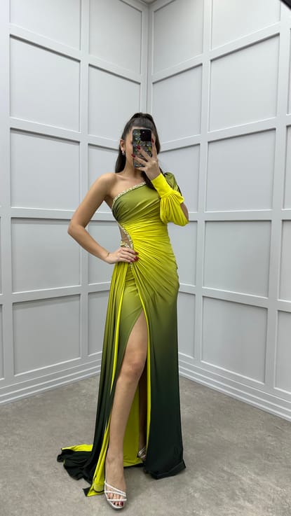 Sarı Tek Kol Bel Detay Taş İşlemeli Tasarım Elbise