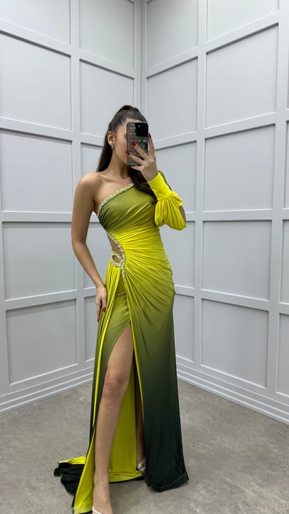 Sarı Tek Kol Bel Detay Taş İşlemeli Tasarım Elbise