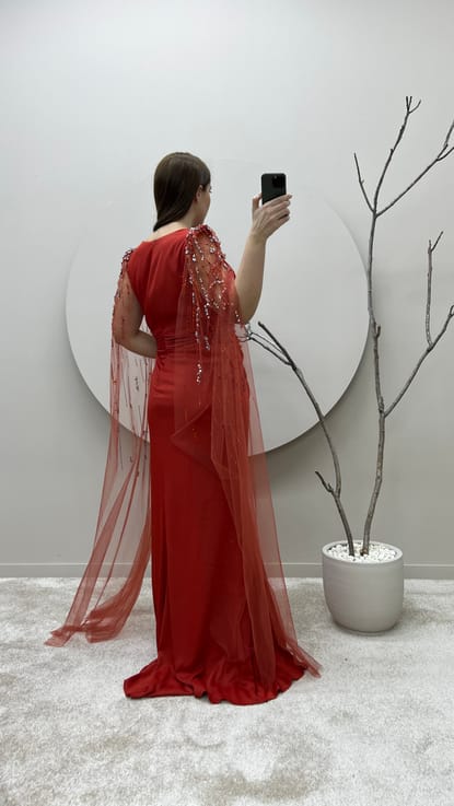 Turuncu Kolları Tül Bel Detay Drapeli Tasarım Büyük Beden Abiye Elbise