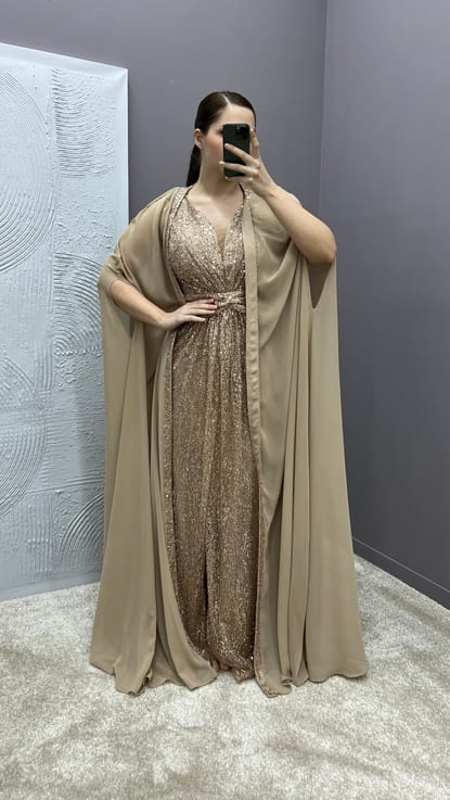 Pudra Bel Detay Pelerinli İşlemeli Büyük Beden Tasarım Abiye Elbise