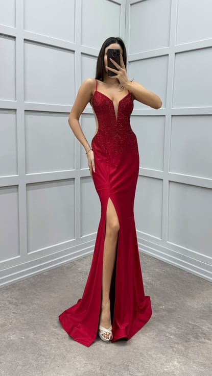 Kırmızı İp Askılı Bel Detay Tasarım Abiye Elbise