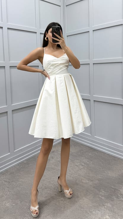 Beyaz İp Askılı Tasarım Mini Elbise