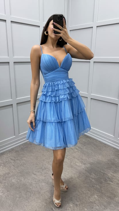 Mavi İp Askılı Kat Kat Tasarım Mini Elbise