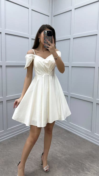 Beyaz Kalp Yaka Bel Detay Tasarım Mini Elbise
