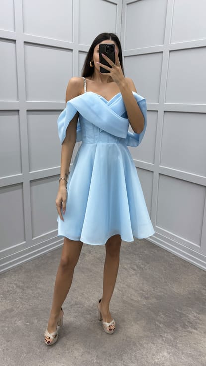 Bebe Mavi Göğsü Çapraz Pileli Tasarım Mini Elbise