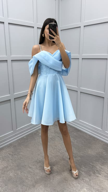 Bebe Mavi Göğsü Çapraz Pileli Tasarım Mini Elbise