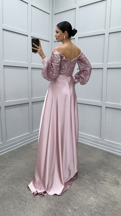 Lila Balon Kol Göğsü Pul Omuz Detay Tasarım Saten Abiye Elbise