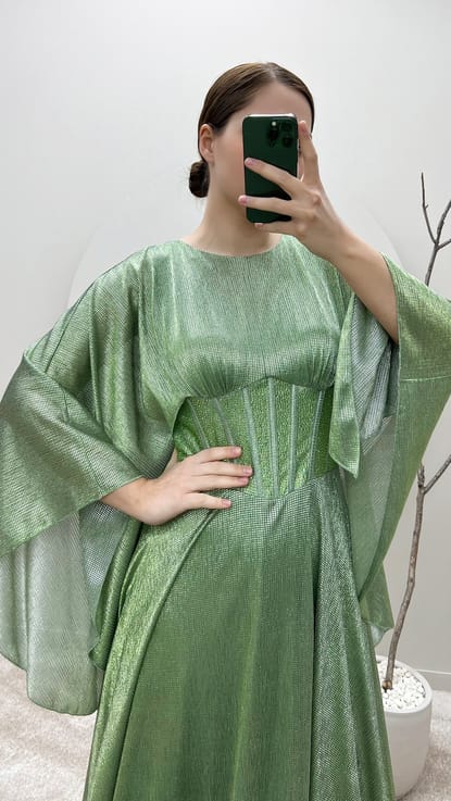 Mint Yeşili Bel Detay Tasarım Büyük Beden Abiye Elbise